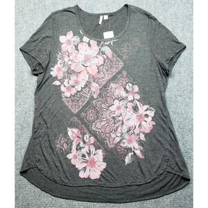 Est 1946 T-Shirt Top Womens L Gray Floral Rhinestone Round Neck Short Sleeve New